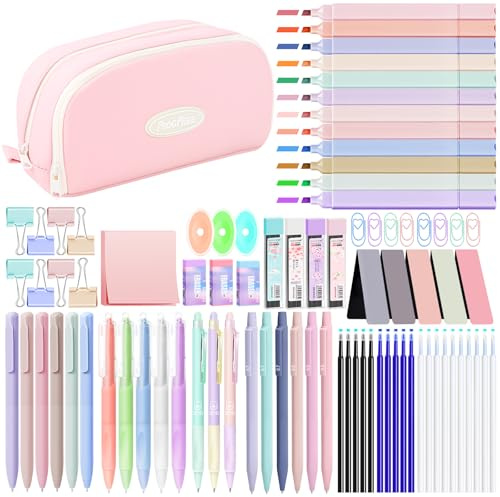 YIBONIKA 85 Stück Aesthetic Schulsachen Set mit Mäppchen,12 Pastell Textmarker,3 Radierbarer Stifte, 11 Gelstifte,6 Druckbleistift, Schreibwaren Set für Teenager Mädchen School Stuff Clean Girl