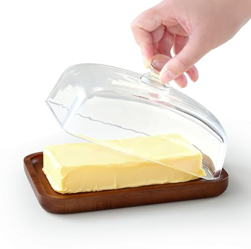 Goldeluxe Butterdose Mit Griff, Holzplatte Aus Akazienholz Und Glasdeckel, Stilvolle Butterbox Für Küche, Esstisch Oder Kühlschrank, Hygienischer Butterbehälter Aus Holz Und Glas