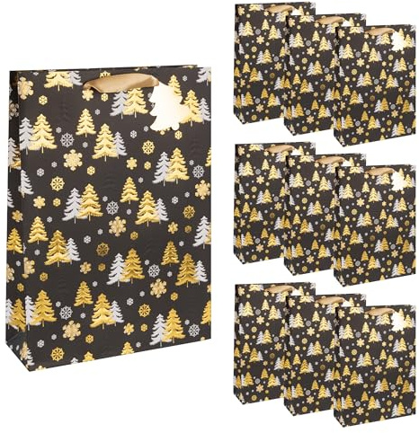 Idena 90401 - Geschenktaschen Tannenbaum, 10 Stück in Schwarz-Gold, Papiertüten in der Größe 34,5 x 25 x 8,5 cm, Geschenktüten für Weihnachten