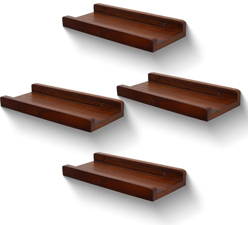 PHOENANCEE Massivholz, 30cm Wandbilderregale Leiste, rustikale Holzleiste Regale, dekoratives Fotoregal für Wohnzimmer, Küche, Schlafzimmer, Bücher, 4er-Set, dunkler Nussbaum