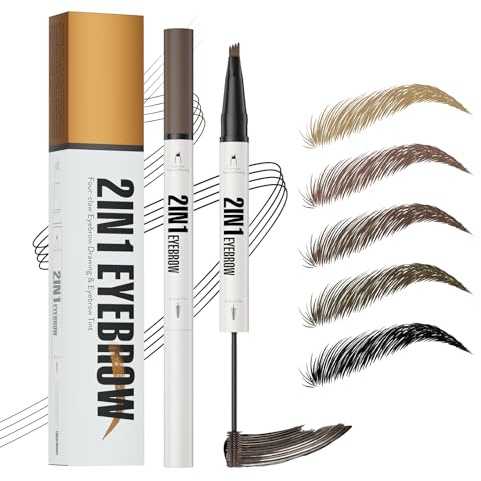 Microblading Augenbrauenstift Wasserfest, Augenbrauenfarbe mit Tint & 4 Mikrogabelspitzen, 2-in-1 Augenbrauenstift Härchenzeichnung, Eyebrow Pencil Wischfest, Langanhaltend, NatüRlicher (Braun)