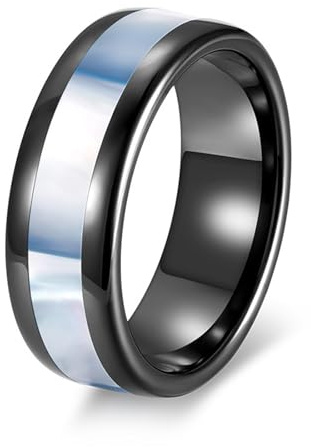 Ayoiow Keramik Ringe Trauringe für Herren, Muscheleinlage Ring für Herren Ceramic Mann Keramik Kein Edelstein Schwarz Blau Größe 49 (15.6)
