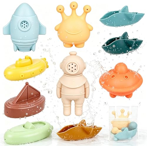 Jouets de Bain, 11 Jouets Aquatiques en Silicone pour bébé, Jouets à Jet d'eau Enfants, Bateaux,Jouets de Bain avec Sac de Rangement, Jouets de Piscine Cadeau pour Filles et Garçons