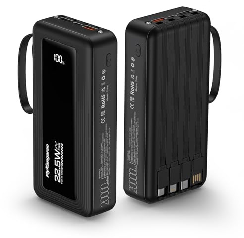 Power Bank 20000mAh with Built in 4 Cable, Powerbank Fast Charging PD USB-C 6 Output & 2 Input LED Display, External Battery Pack with 2 Flashlight, Portable Charger for iPhone, Samsung, iPad, etc