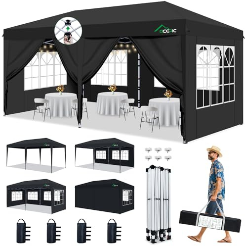 Pavillon 3x6m, Pop up Faltpavillon (Schwarz, 3 * 6m) | Partyzelt Wasserdicht Stabil Winterfest, UV 50+, für Garten Party Hochzeiten mit Kirchenfenstern