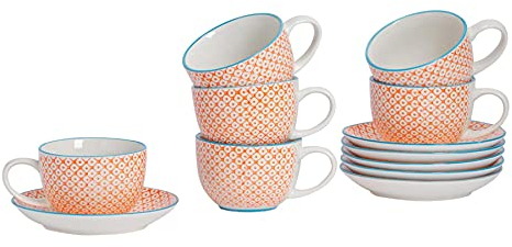 Nicola Spring Handgedruckter Cappuccino -Cup & Saucer -Set - 250ml - Orange - 12pc