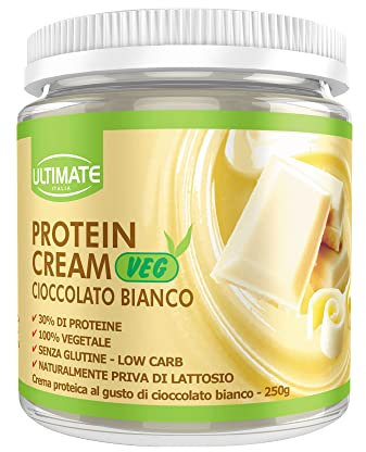 Ultimate Italia - Crema proteica al 30% spalmabile, senza zuccheri - 250g - gusto cioccolato bianco - senza lattosio e glutine - 100% vegetale - poche calorie, con vitamine