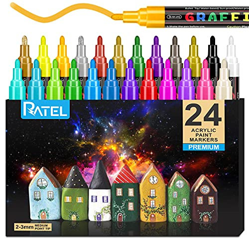 RATEL Acrylstifte Marker Stifte, 24 Farben Premium Wasserfest Paint Marker Set Wasserfest Permanent Art Filzstift Acrylic Painter für DIY Stein, Leinwand, Papier, Glasmalerei, Metall-Mittlerer Spitze