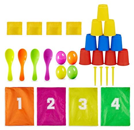 Relaxdays 10028884 Kinderparty, 3 in 1 Set, Garten Spiele für Kindergeburtstag, Sackhüpfen, Eierlaufen, Dosenwerfen, bunt, Mehrfarbig