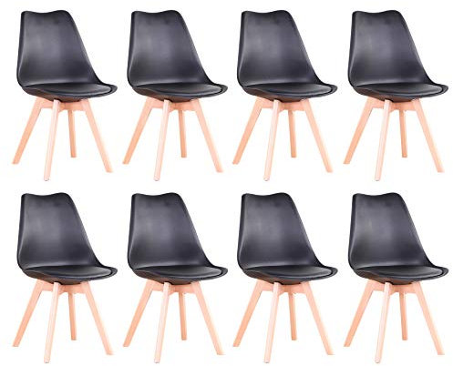 BenyLed Juego de 8 Sillas de Comedor con Asiento Tapizado y Patas de Madera de Haya Ideal para Comedor, Cocina, Salón, Dormitorio, Negro