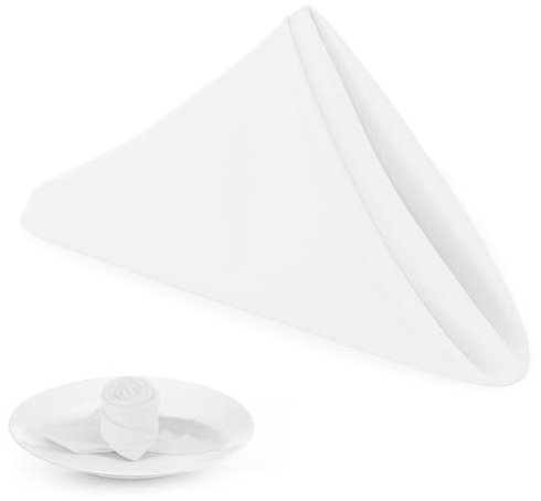 PLOYMONO Weiße robuste Stoffservietten – 43,2 x 43,2 cm feste waschbare Polyester-Servietten – Set mit 8 Servietten mit gesäumten Kanten – ideal für Hochzeiten, Partys, Bankette, Abendessen und mehr