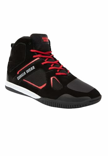 Gorilla Wear Bodybuilding Schuhe Troy High Tops - Schwarz/Rot - Sport Freizeit Alltag Training Workout Schnürsenkel mit Logo Bequem Extra Starker Halt für Herren, 46