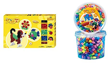 Hama Perlen 8712 Geschenkbox mit ca. 900 bunten Maxi Bügelperlen mit Durchmesser 10 mm & 8571 Bügelperlen Dose mit ca. 600 bunten Maxi Bastelperlen mit Durchmesser 10 mm im Pastellmix