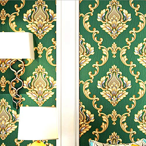 MEAIHOME European Style Waterproof PVC Wallpaper 3D Embossed Damask Living Room Bedroom Sofa TV Background Wall Shop Decoration Hotel Beauty Salon 1.73'W x 32.8'L Non-Pasted (Dark Green)