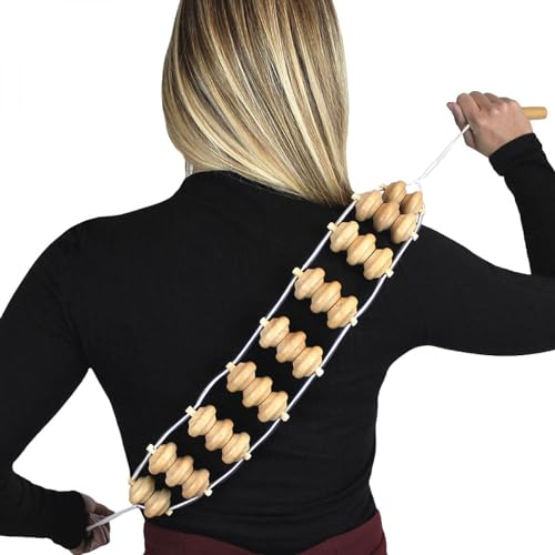 Vivezen - Sangle, rouleau de massage de dos 113 x 7,5 cm - 3 boules - Bois