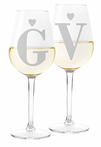 Colorfamily Paire de Verres à Vin Personnalisés Saint-Valentin - Set de 2 Verres avec Initiales Amoureux Love - Mariage, Fiançailles, Amour, Vœux - Verre en Verre de 500 ml