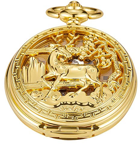 Tiong Bright Gold Skelett Herren Antik mechanische Taschenuhr, römische Ziffern Zifferblatt mechanische Taschenuhren für Männer mit Kette, Mpw103-uk