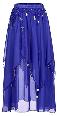 JEATHA Damen Pailletten Bauchtanz Rock Tanzrock mit Perlen Chiffonrock Tüllrock Indischer Tanz Rock Maxirock Tanzkostüm Bauchtanz Kostüm Royal Blau Einheitsgröße