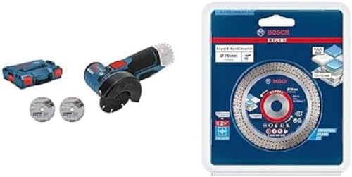 Bosch Professional 12V System GWS 12V-76 - Amoladora angular a batería (Ø 76 mm, 3 discos, sin batería, en L-BOXX) + Disco de corte de diamante Expert HardCeramic (azulejos y piedra dura, accesorios)