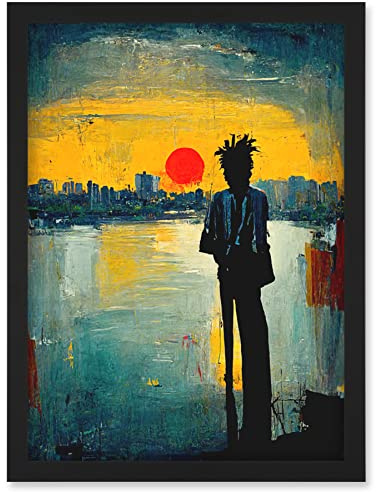 Doppelganger33 LTD Dramatic Sunset Silhouette City Skyline Lake Oil Painting Artwork Framed Wall Art Print A4