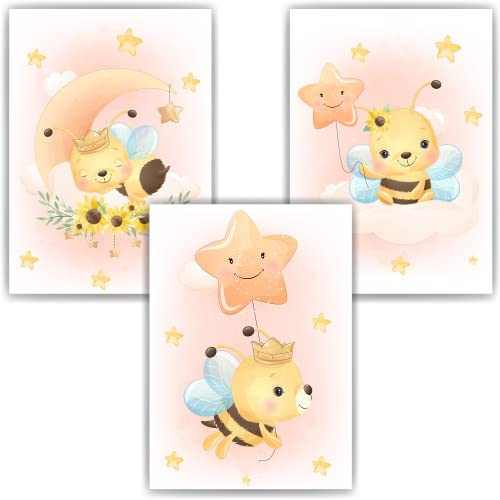 3er Set Poster Bilder für Kinderzimmer Babyzimmer Deko - DIN A4 Kinderposter Tiere - Jungen Mädchen Babyparty Geschenkidee Kindergeburtstag Wandbild (Biene)