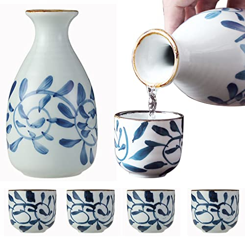 liuer Sake, Juego de Sake Japones,5pcs Sake Japones Sake Cups de Cerámica,1 Botella de Sake y 4 Sake Cups,Titulares de Licores Potería de Porcelana Saki Bebida Juego De Té Japonés (A)