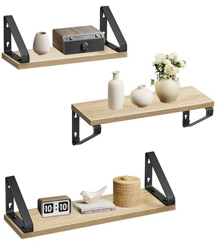 VASAGLE Étagère Murale, Tablette Flottante, Lot de 3, 2 Façons de Montage, 30/35/40 cm, pour Salon, Cuisine, Bureau, Salle de Bain, Couleur Chêne et Noir Mat LWS033B11
