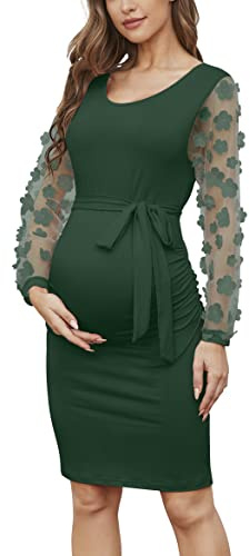 Umstandskleid, mittellang, Lange Rüschenärmel, Blumenmuster, Netzstoff, figurbetontes Kleid für Babyparty