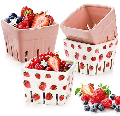 Pumtus 4 Pack Ceramic Strawberry Kitchen Bowl Containers, Square Fruit Bowls, Kawaii Pink & Strawberry Patterned, Rustic Stoneware Berry Colander Bins for Veggie, Berries, Fruits, Farmhouse Home Decor