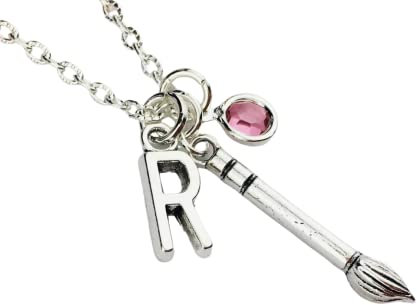 Personalised Paintbrush Necklace, sterling silver or silver plated chain initial birthstone crystal artist jewellery, handmade art teacher appreciation graduation birthday teen girl motivational brush