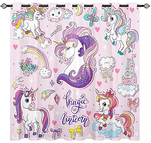 YUANZU Einhorn Vorhänge Kinder Regenbogen Tier Druck Ösen Gardinen mit Blickdichte Vorhang Kälteschutz Blackout Curtain Mädchenzimmer Schlafzimmer Verdunkelung Fenster, 2 Stück, H 137 x B 132 cm