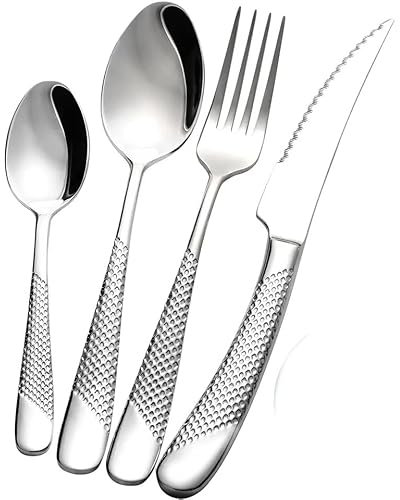 Exeton Luxury Signature 16 PCS Cutlery Set, for 4 Person, Stainless Steel, Silver, Gold, 2-in-1 Steak Knives, Dishwasher Safe (Signature - Silver, 16)