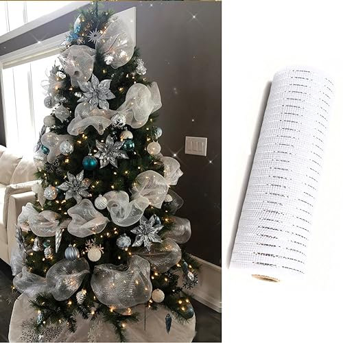 ZAYMDO Christmas Ribbon, 9.4m Metallic Deco Mesh Ribbon for Wreath Christmas Tree, Metallic Foil Mesh Fabric Xmas Ribbon for DIY Party Wrapping Craft