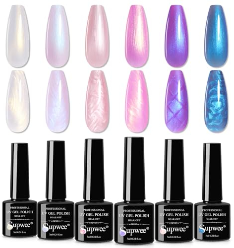 SUPWEE Pearl-Gel-Nagellack-Set, 6 Farben Pearl Effekt schimmernd Zeichnung Meerjungfrau UV Gel-Nagellack Muschel-Wirbel-Faden-Effekt Soak-Off-UV-Gels für Nagelkunst-Maniküre