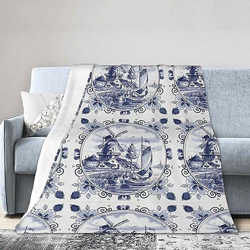 Nederland Niedliche Vintage-Decke mit holländischer Windmühle in Delfter Blau, superweiche Flanelldecke, bequeme, gemütliche Überwurfdecke, Couch, leichte Decken für Wohnzimmer, Schlafzimmer, 152,4 x