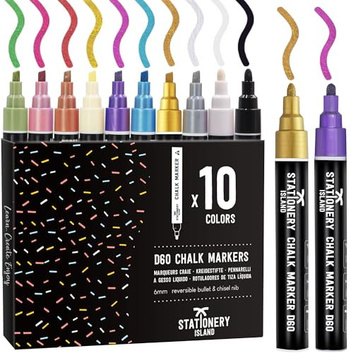 STATIONERY ISLAND Kreidestifte für Tafel Abwaschbar, Kreidestifte für Fenster, 10 Metallic Farben Kreidemarker für Glas & Tafeln, Fensterstifte