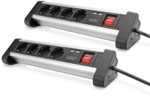 DIGITUS Base de Enchufe Múltiple Con USB - 2 Piezas - Puerto USB-A - 4 Bases de Enchufe Con Contacto de Puesta a Tierra - Interruptor - Cargador - Montaje en Escritorio y Pared