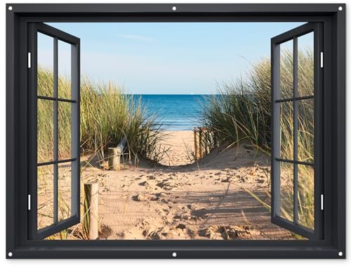 MuchoWow© Gartenposter Groß 160x120 cm XXL Outdoor Bilder Gartendeko für draußen Wetterfest Sichtschutz Garten Deko PVC Banner Draußen Bild Fensterblick - Strand - Meer - Sand - Wasser - Strandhafer -