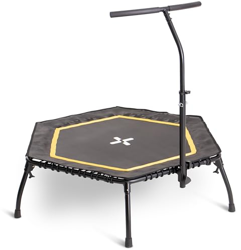 SportPlus Fitness Trampolin Indoor für Zuhause, Trampolin mit Haltestange höhenverstellbar, Gummiseilfederung, Workout & Cardiotraining, Premium-Qualität Designed in Germany 130kg