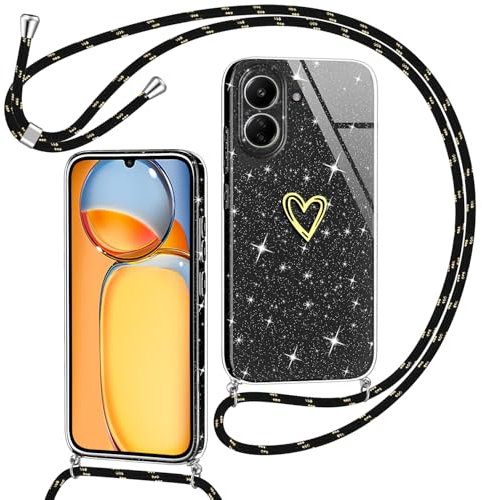 Yichxu Coque pour Xiaomi Redmi 13C/ Xiaomi Poco C65 avec Cordon, Glitter Silicone Housse avec Collier, Réglable Lanyard Case avec Motif Coeur d'amour, Etui Protection Cover pour Redmi 13C, Noir