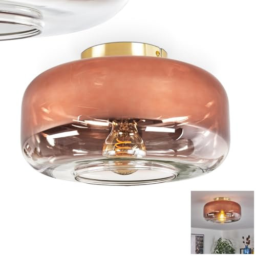 hofstein Plafonnier Boza, plafonnier rond en métal/verre, coloris laiton/cuivre/clair, luminaire au design rétro/vintage moderne avec abat-jour en verre (Ø 28 cm), 1 x E27, sans ampoule
