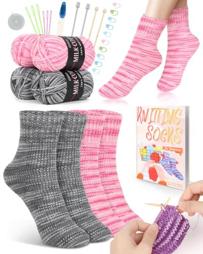 Katech 25cm Stricknadeln Set für Socken - Knitting Anfänger Set Mit Metall und Bambus Nadeln, 3mm - Stricken für Anfänger Mit Englisch Anleitung, Grau+Rosa