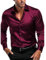 Camicia da uomo colore a tinta unita simulazione raso di seta lucido con elastico maniche lunghe camicia occidentale, Rosso, S