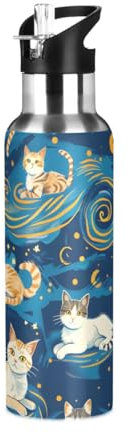 Botella de agua con diseño de gatos de dibujos animados y cielo estrellado con tapa con pajilla, termo de acero inoxidable aislado para niños y niñas, gimnasio, deportes, 600 ml