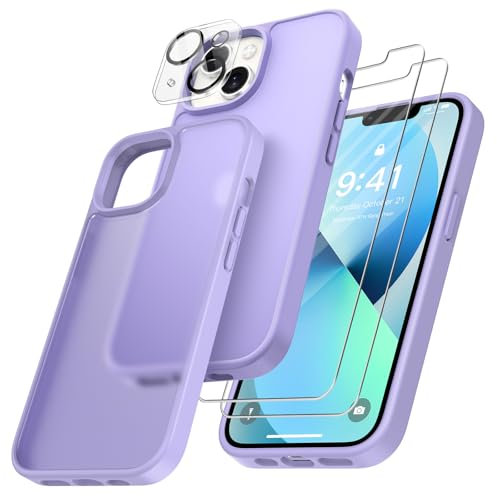 FLLAO 4 in 1 Cover per iPhone 13 con 2 vetro temperato e 1 fotocamera protettiva, [protezione militare] antiurto antigraffio custodia traslucida opaca protezione custodia per iPhone 13, viola chiaro