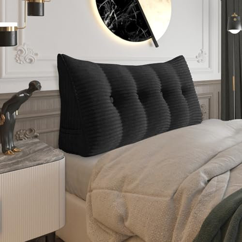 BNCKTRD Dicklich Rückenkissen Lesekissen für Bett und Couch, Rückenlehne Kopfende, Dreieckiges Sofakissen Bücherkissen, Wandkissen für Bett Herbst Winter, Kordsamt Schwarz 140cm
