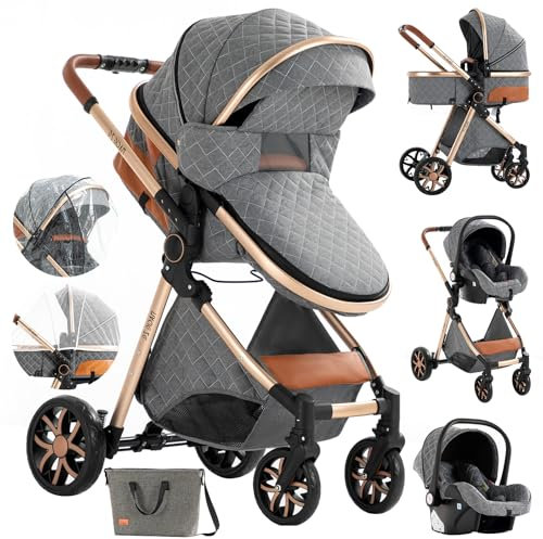Aveainelle Kinderwagen 3 in 1, Faltbarer Kinderwagen Set, Bequemer Multifunktionaler Kombikinderwagen 3 in 1 Komplettset (V9 Grey)