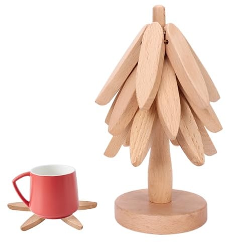 Mineup Untersetzer aus Holz für heiße Gerichte, Untersetzer in Baumform, 3 Faltbare Holzuntersetzer + 1 Ständer, Weihnachtsbaum-Förmige Untersetzer für Getränke, Teller, Töpfe, Pfannen