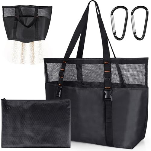 TOPCZY Strandtasche mit reißverschluss groß, xxl shopper damen groß, badetasche damen, strandtasche xxl familie loopshopper für Strand Reise Spielzeugaufbewahrung Fitnessstudio Schwarz