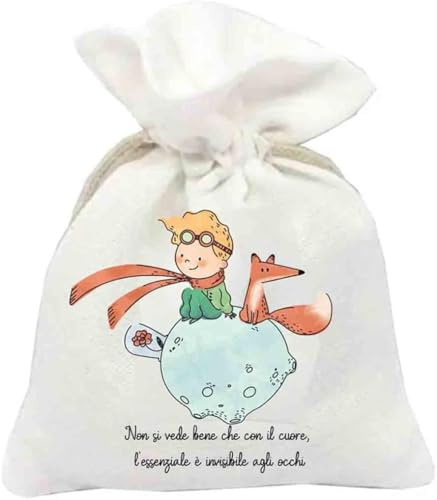 Sacchetti portaconfetti bianchi con stampa Piccolo Principe new 10 pz personalizzabili per ogni evento o ricorrenza con possibilità di stampare nome o frase